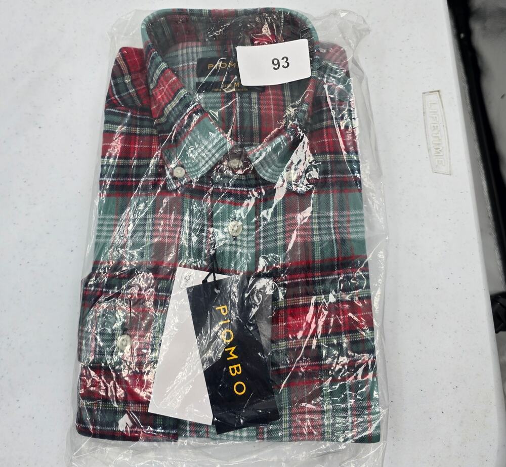 PIOMBO Mens Shirt Size Medium Green Plaid Red Italian Luxury Button Down Work